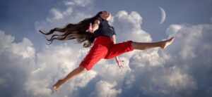 girl, jump, clouds